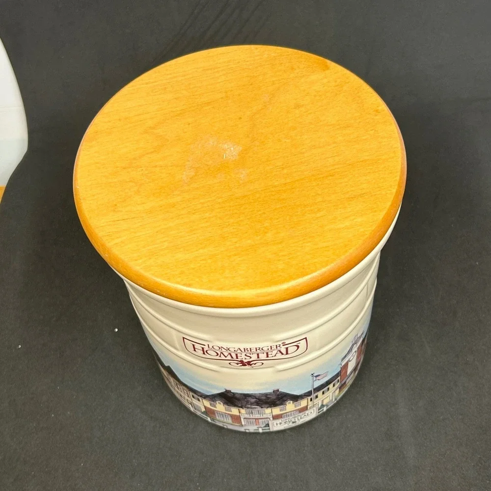 Longaberger Homestead Pottery Canister with Wood Lid Ivory Basketweave USA